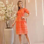 Vestido Laise Laranja Bordado Bege