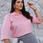 Camisa Feminina Tricoline Com Elastano Rosa
