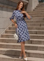 Vestido Chemise Azul Geométrico Sandra em Viscolinho Premium - Querem Vestidos - Imagem 7