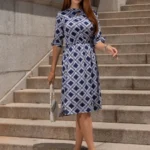 Vestido Chemise Azul Geométrico Sandra em Viscolinho Premium - Querem Vestidos