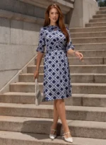 Vestido Chemise Azul Geométrico Sandra em Viscolinho Premium - Querem Vestidos