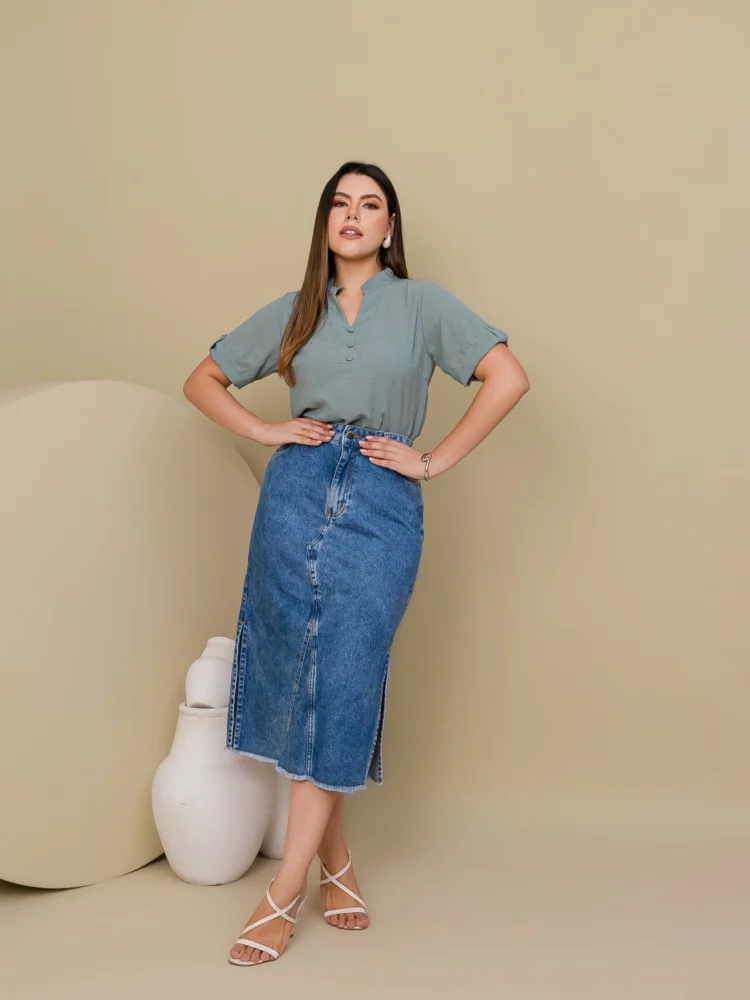 Saia jeans Beatriz Deep Moda Modesta