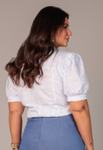 Camisa de Algodão Manga Curta Listrada Branco e Azul - Imagem 2