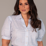 Camisa de Algodão Manga Curta Listrada Branco e Azul