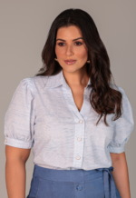 Camisa de Algodão Manga Curta Listrada Branco e Azul