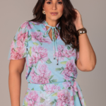 Blusa Tule Estampado Floral Azul Aline Meneghetti