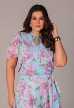 Blusa Tule Estampado Floral Azul Aline Meneghetti
