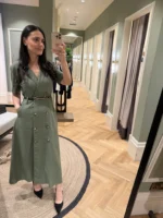 Vestido Karen Linho Verde Militar Moda Modesta - Imagem 3