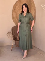Vestido Karen Linho Verde Militar Moda Modesta - Imagem 2