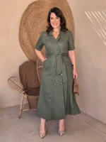 Vestido Karen Linho Verde Militar Moda Modesta
