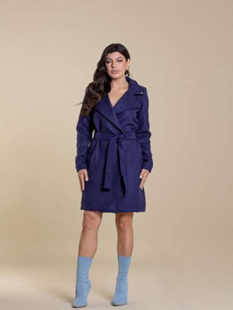 Casaco De Lã Batida Com Bolsos Funcionais E Faixa Hadaza