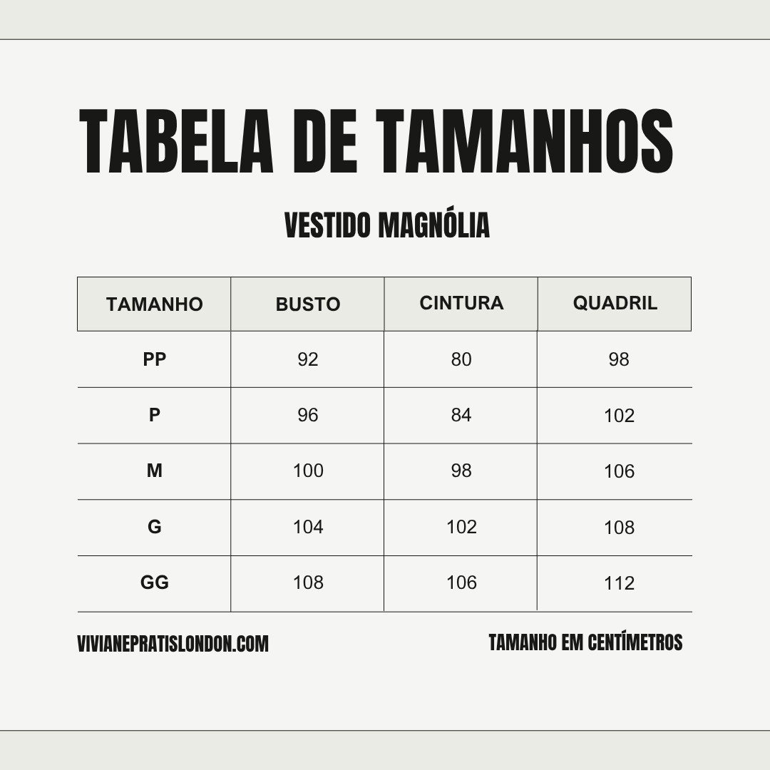 tabela medidas magnolia Vestido Chemise Magnólia Viscose Moda Modesta - Imagem 6