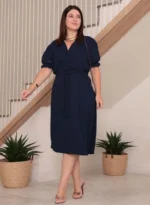 Vestido Midi Azul Marinho Elisa em Linho Misto - Querem Vestidos