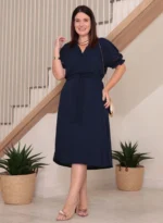Vestido Midi Azul Marinho Elisa em Linho Misto - Querem Vestidos - Imagem 3