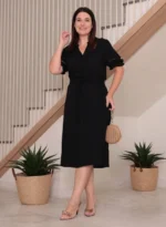 Vestido Midi Preto Elisa em Linho Misto - Querem Vestidos