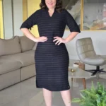 Vestido Tubinho Preto em Jacquard Listrado Renata - Querem Vestidos
