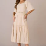 Vestido Midi Tricoline Decote Princesa Mangas Soltinhas Evasê com Cinto Patricia -Tata Martello