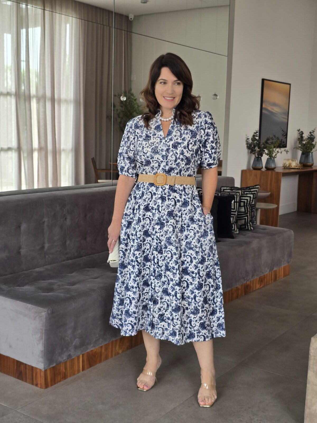 Vestido Giovanna Laise Bordada Azul com cinto - Imagem 2