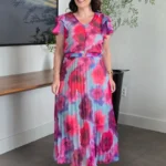 Vestido Selena Aquarela Plissado em Chiffon - Querem Vestidos