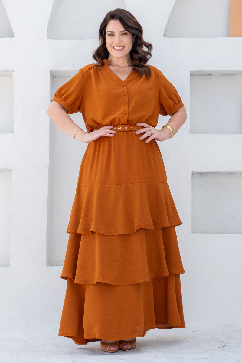 128 Vestido Celine Caramelo Longo em Crepe Airflow com Babados - Lecler - Imagem 1