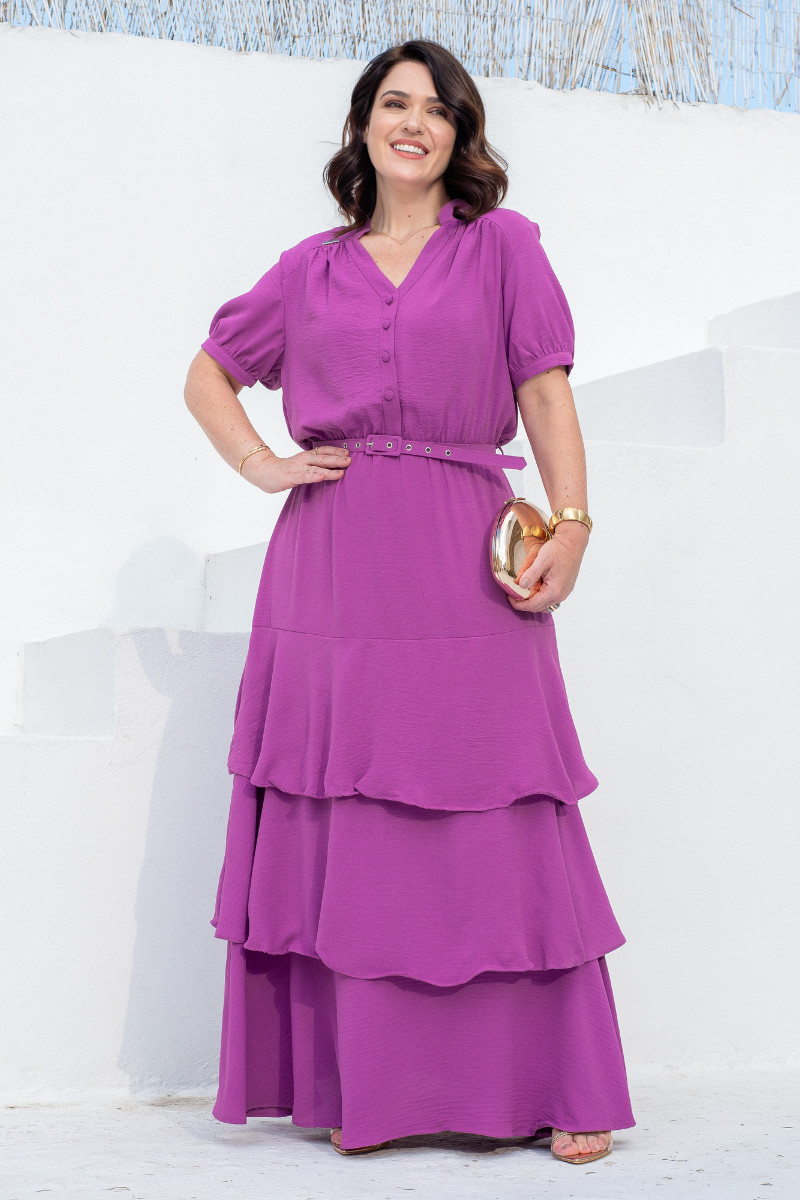 134 Vestido Celine Magenta Longo em Crepe Airflow com Babados - Lecler - Imagem 1