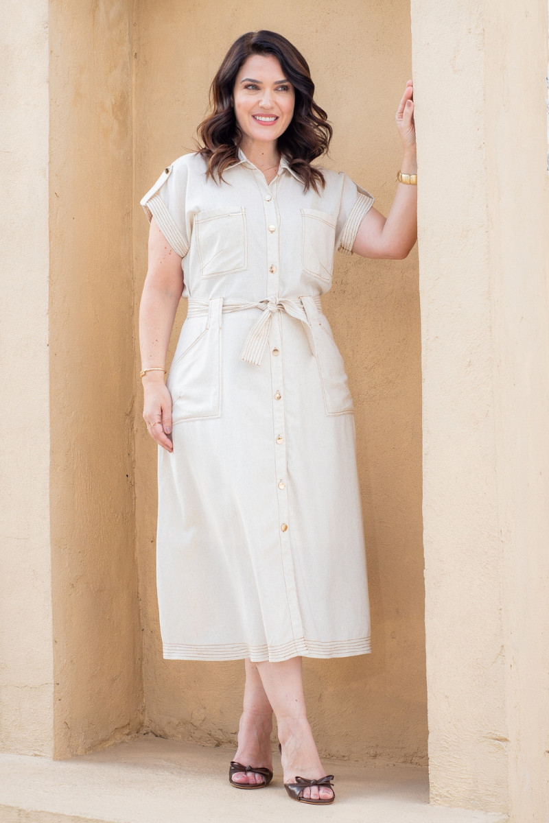 137 Chemise Midi Colette Natural em Linho Pespontado - Lecler - Imagem 1