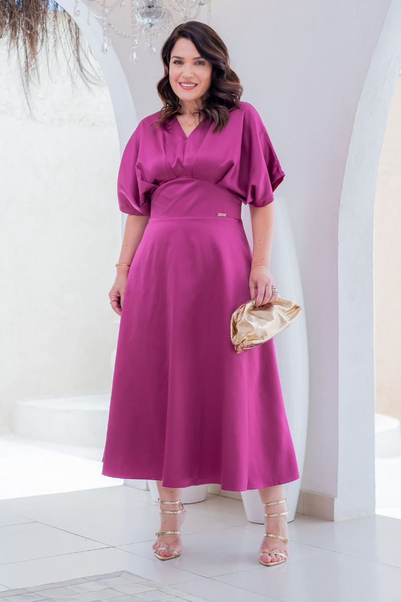 28 Vestido Midi Élise Fucsia em Crepe Acetinado - Lecler - Imagem 1