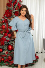 Chemise Midi Elizete em Linho Azul Claro - Querem Vestidos - Imagem 4