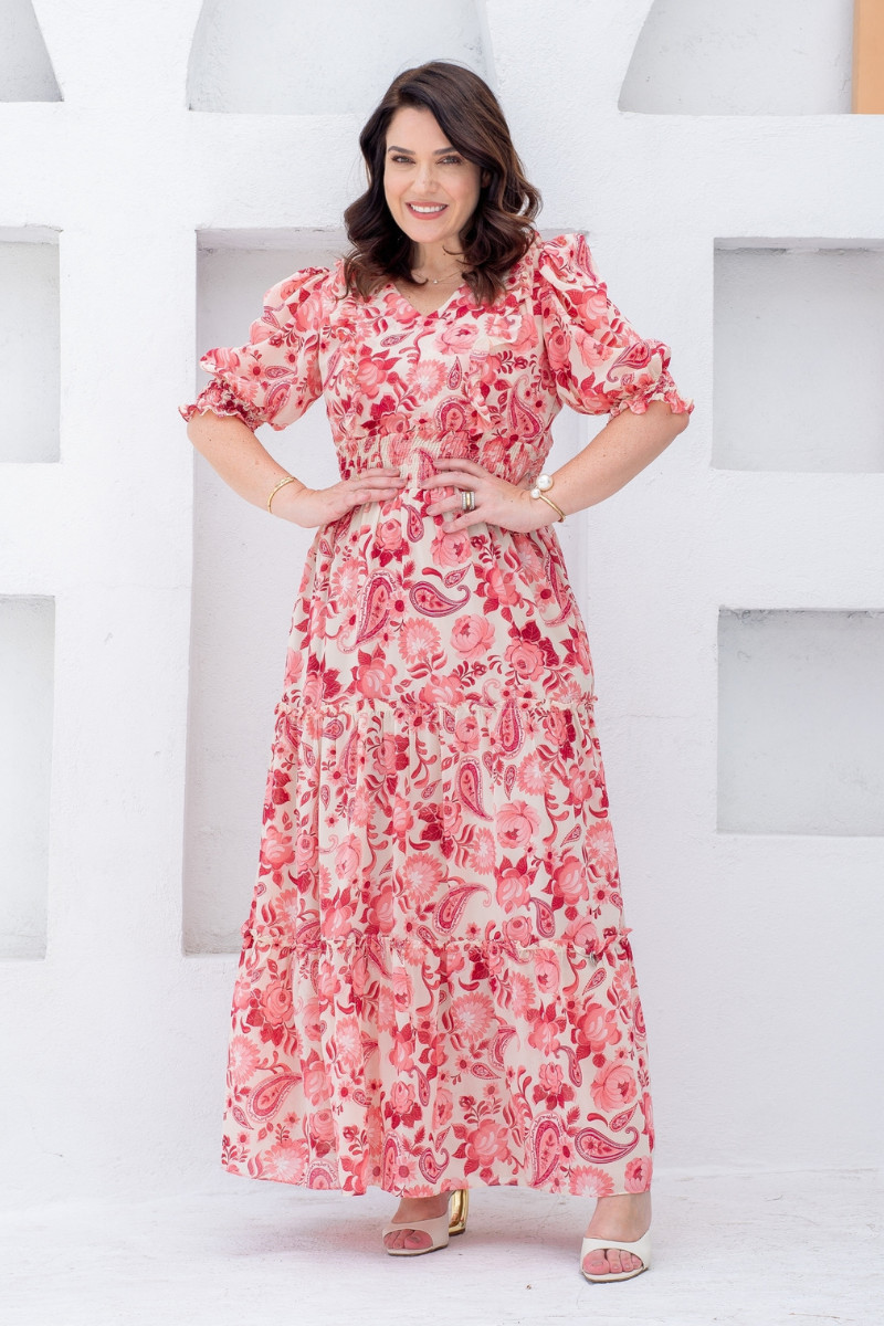 82 Vestido Sabine Rosa Longo Floral em Chiffon - Lecler - Imagem 1