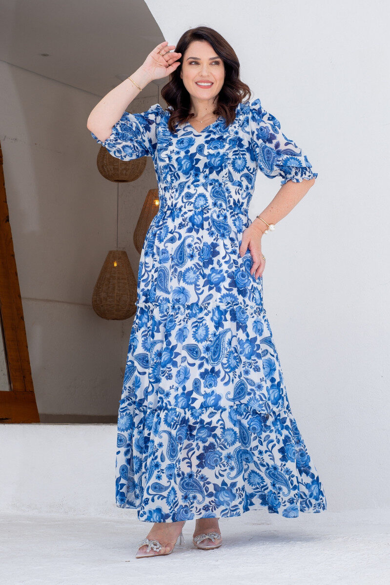 cropped-63.jpg Vestido Sabine Azul Longo Floral em Chiffon - Lecler - Imagem 1