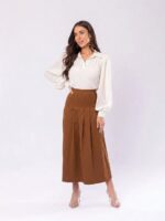 Saia Jeans Longa Max Evasê com Pregas Caramelo