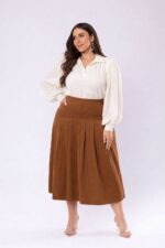 Saia Jeans Longa Max Evasê com Pregas Caramelo - Imagem 4